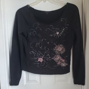 Women's Express Black Long Sleeve with Pink Floral Embellishments
